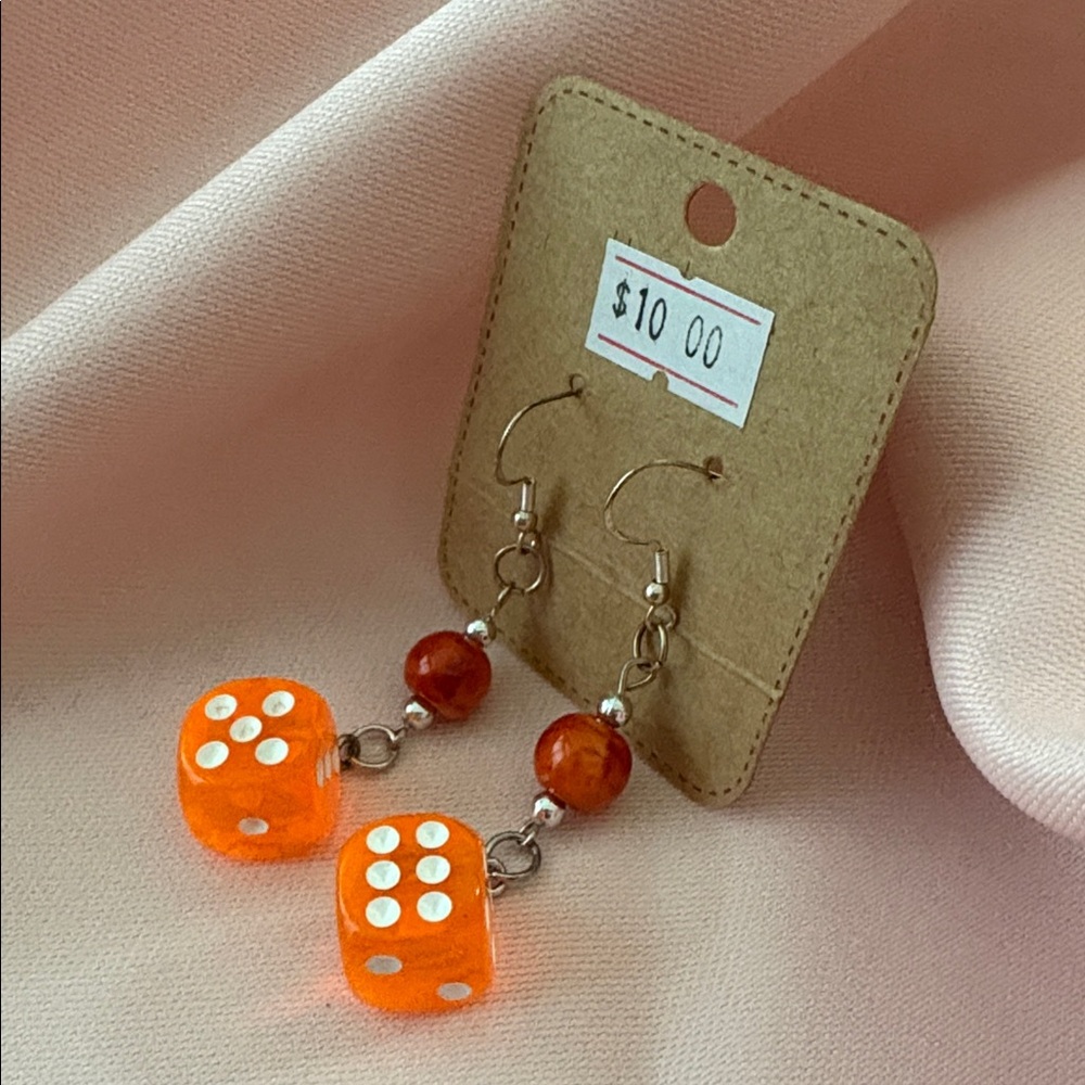🟢 Hand Crafted Orange Dice Earrings